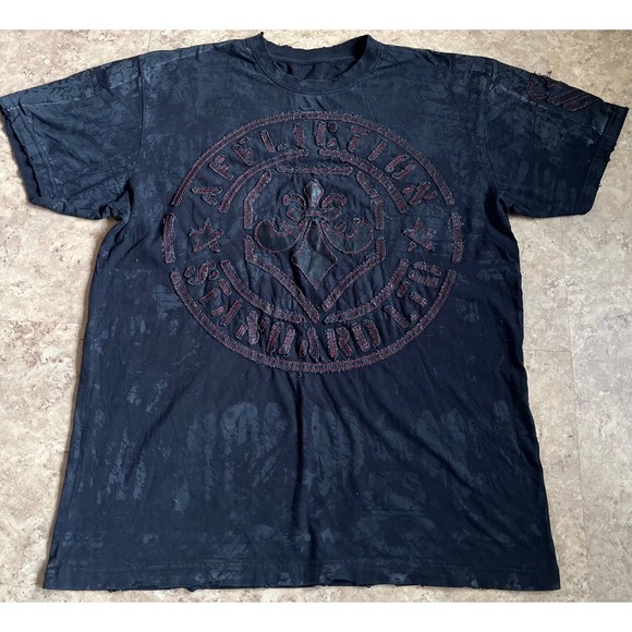 Affliction Mens T Shirt Black Fleur De Lis Embroidered L Graphic Y2K Distressed - Picture 2 of 8
